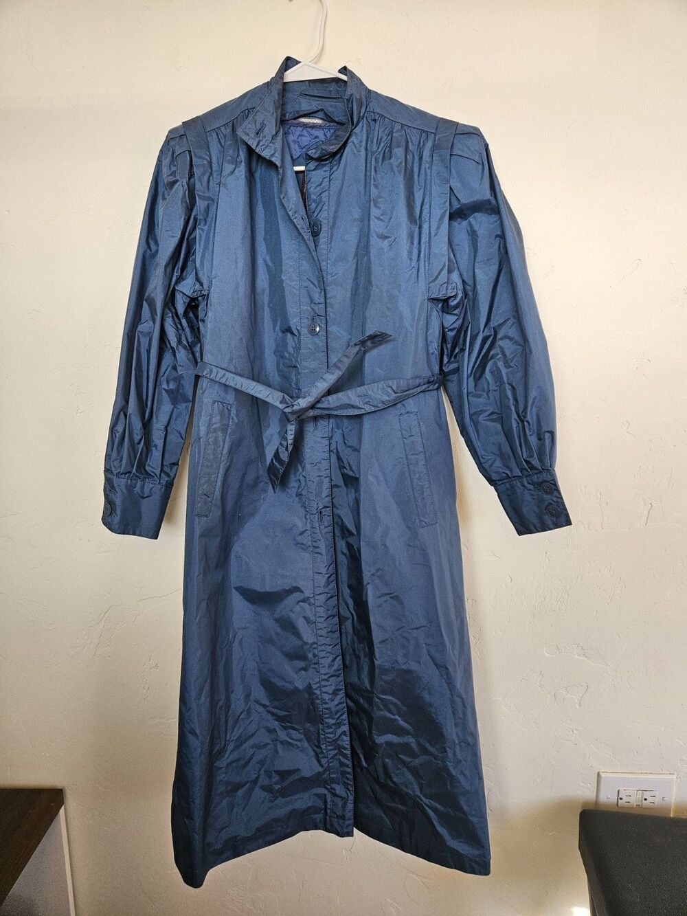 Vintage J Gallery Trench Coat Womens 8 Blue Belted Rubber Nylon Rain Jacket 80s